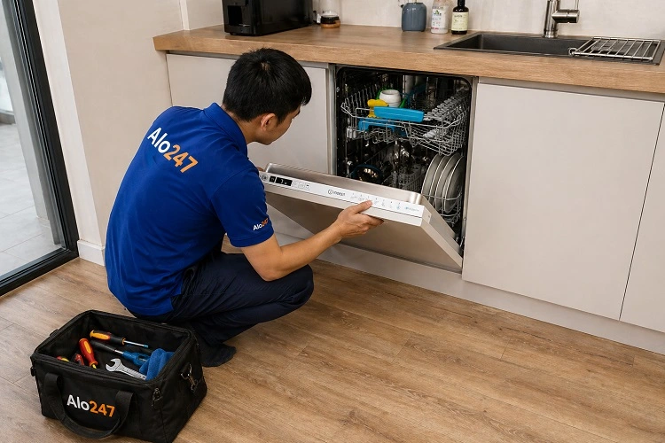 Thợ kiểm tra lại  máy rửa bát sau khi sửa chữa
