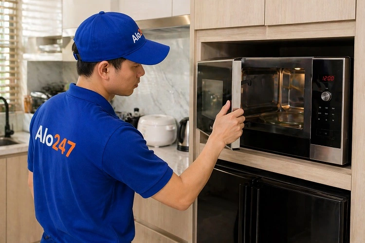 Thợ kiểm tra lò vi sóng Bosch trước khi sửa