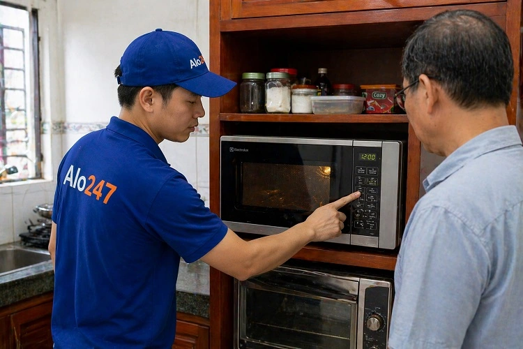 Thợ kiểm tra lò vi sóng electrolux trước khi sửa