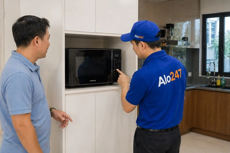 Thợ kiểm tra lò vi sóng hafele trước khi sửa