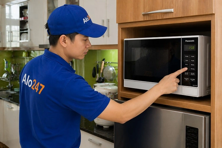 Thợ kiểm tra lò vi sóng panasonic trước khi sửa