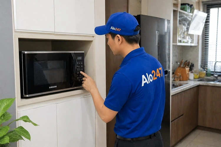 Thợ kiểm tra lò vi sóng samsung trước khi sửa