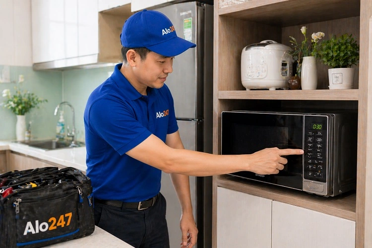 Thợ kiểm tra lò vi sóng sanyo trước khi bàn giao