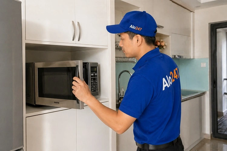 Thợ kiểm tra lò vi sóng sanyo trước khi sửa chữa