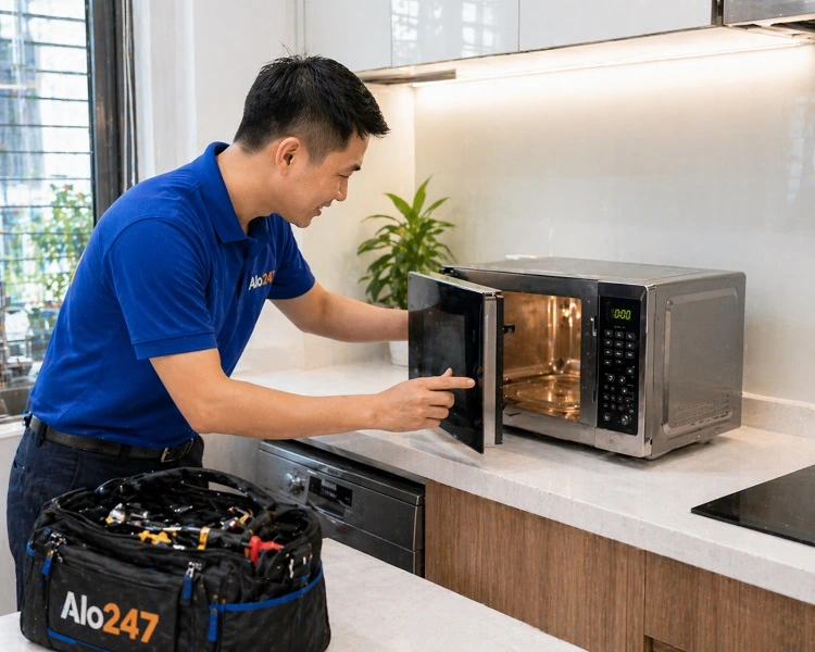 Thợ kiểm tra lò vi sóng sharp sau khi sửa chữa