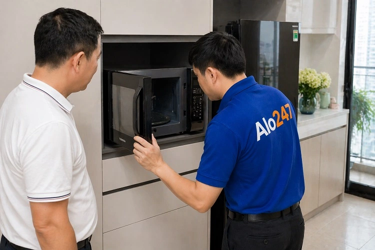 Thợ kiểm tra lò vi sóng toshiba trước khi sửa