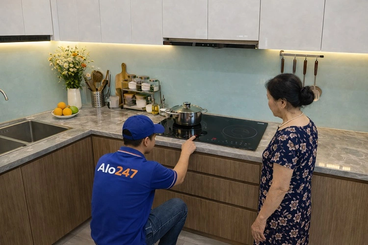 Thợ kiểm tra lỗi bếp từ trước khi sửa chữa