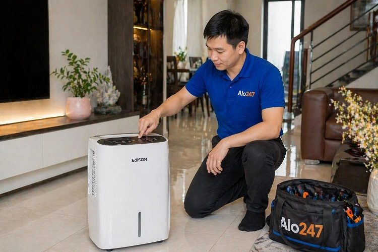 Thợ kiểm tra máy hút ẩm Edison trước khi sửa
