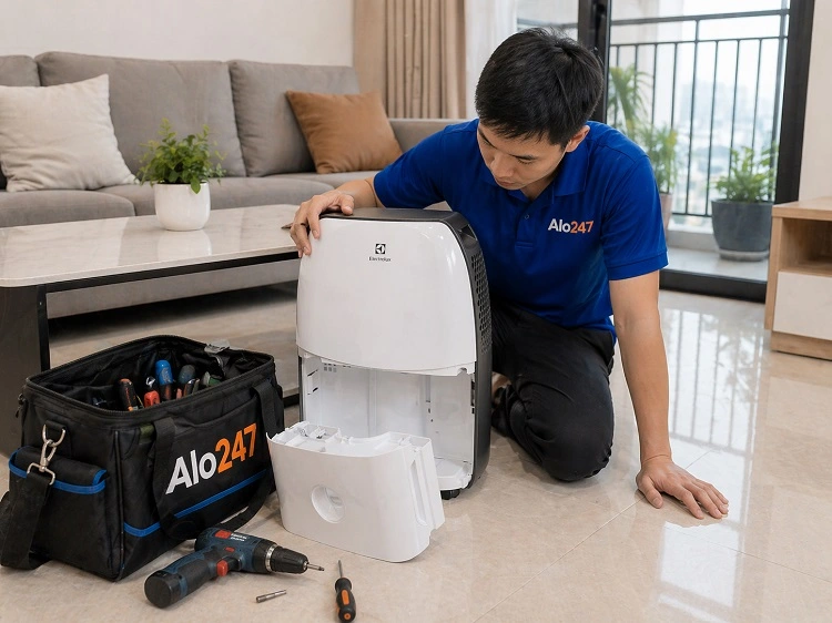 Thợ kiểm tra máy hút ẩm Electrolux trước khi sửa