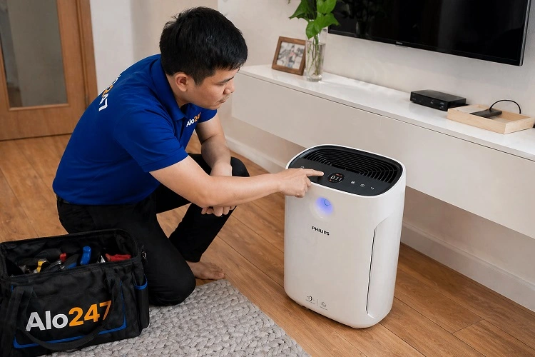 Thợ kiểm tra máy lọc không khí Philips trước khi sửa chữa