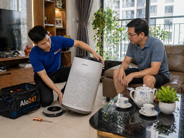 Thợ kiểm tra máy lọc không khí Samsung trước khi sửa chữa