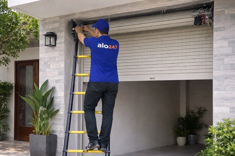 Thợ kiểm tra tìm nguyên nhân lỗi cửa cuốn