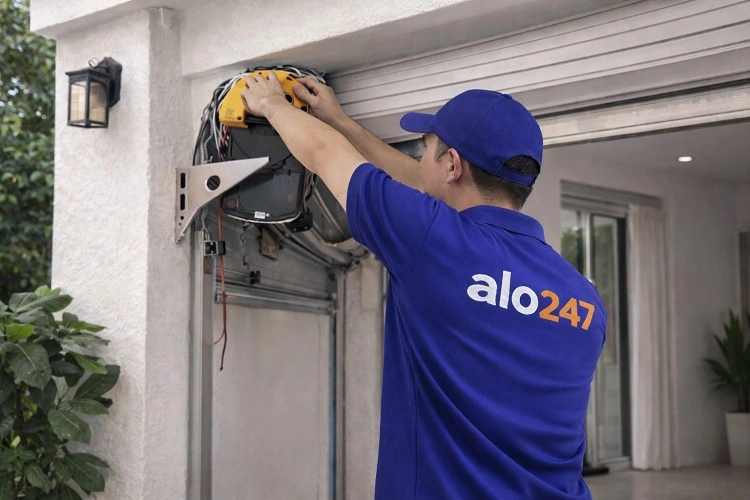 Thợ kiểm tra tình hình cửa cuốn bị kẹt