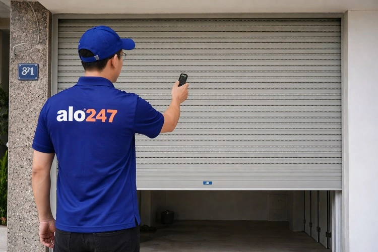 Thợ kiểm tra tình hình cửa cuốn không hoạt động