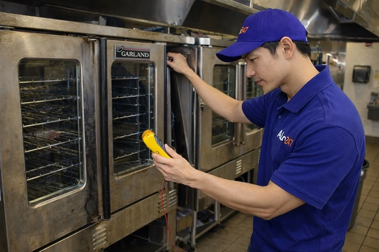Thợ kiểm tra tình trạng lò nướng công nghiệp bị lỗi
