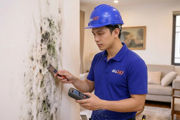 Thợ kiểm tra tình trạng tường bị ẩm mốc