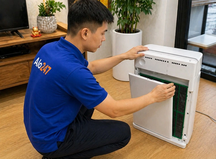 Thợ kiểm tra trước khi xử lý lỗi của máy