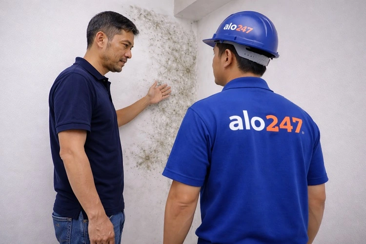 Thợ kiểm tra tường bị ẩm mốc