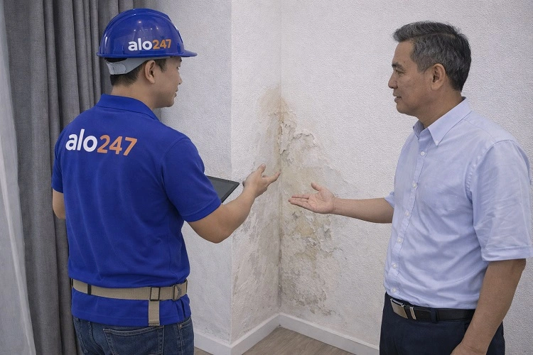 Thợ kiểm tra tường bị ẩm rộp