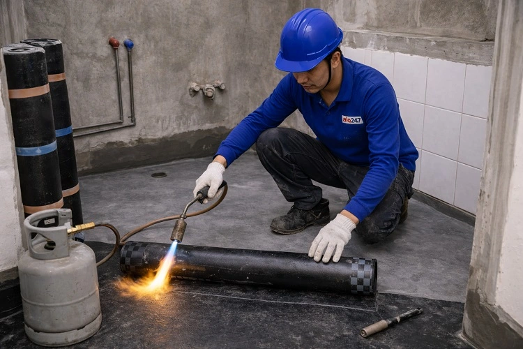 thợ chống thấm nền nhà vệ sinh bằng màng chống thấm khò nhiệt tại Sóc Sơn