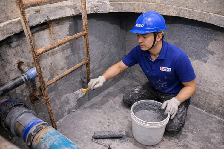 Thợ phủ lớp chống thấm bể chứa