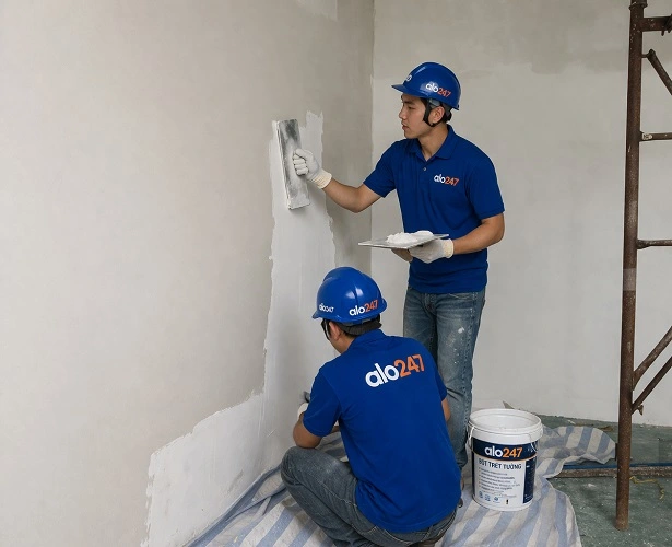 Thợ thi công chống thấm góc chân tường tại Tây Mỗ