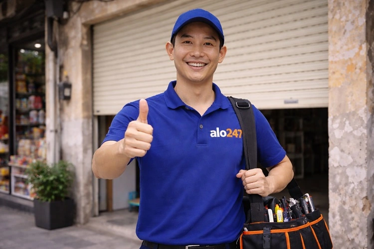 Thợ sửa chữa vui vẻ sau khi hoàn thành công việc