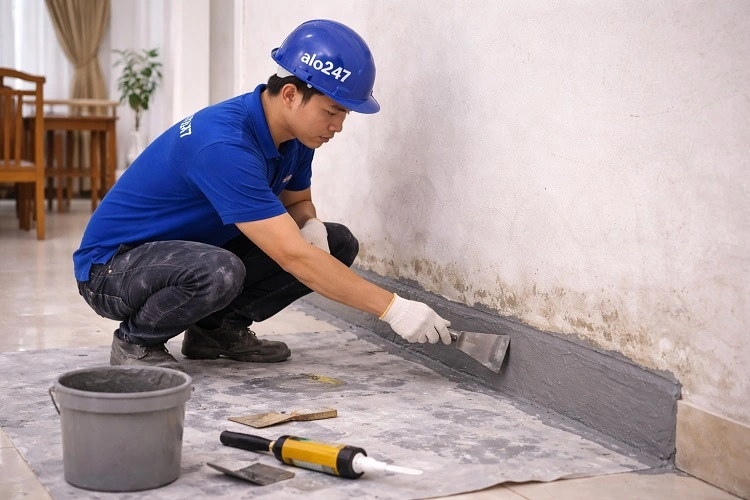 Thợ thi công chống thấm chân tường bị ẩm mốc