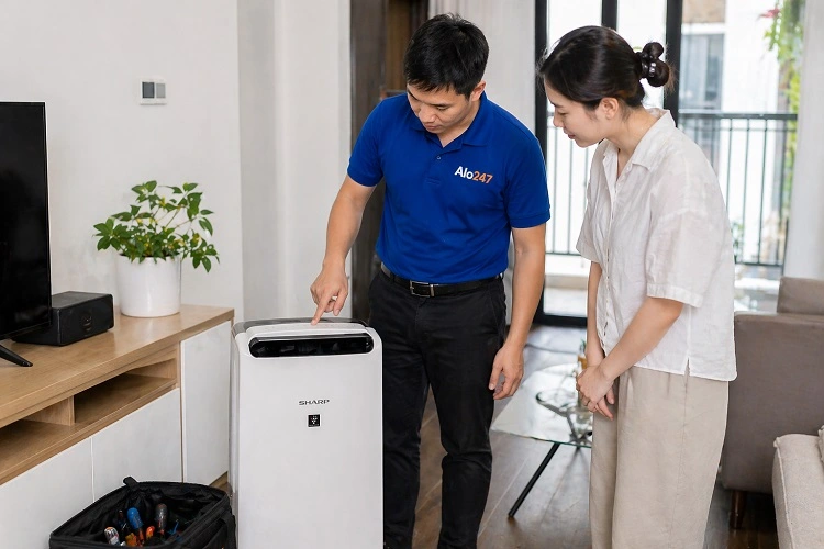 Thợ trao đổi phương án sửa chữa máy hút ẩm Sharp