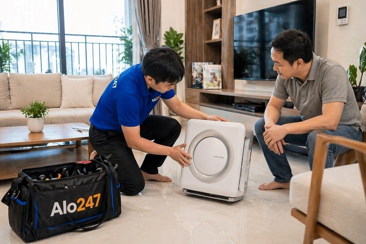 Thợ bàn giao máy lọc không khí Coway sau khi sửa chữa