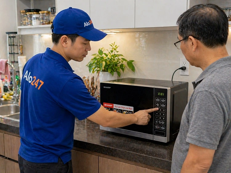 Thợ trao đổi về tình trạng lỗi của lò vi sóng sharp với khách hàng