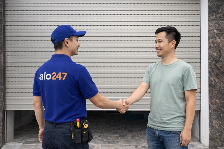 Thợ và khách vui vẻ bàn giao sau sửa chữa