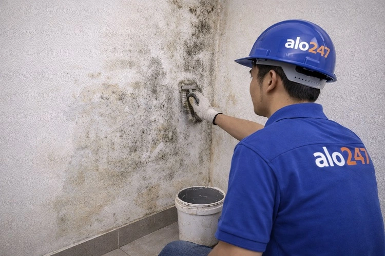 Thợ vệ sinh bề mặt tường ẩm mốc