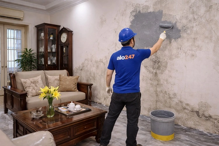 Thợ alo247 chống thấm tường phòng khách tại Nội Bài