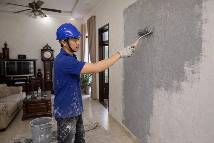Thợ xử lý tường phòng khách bị ẩm rộp