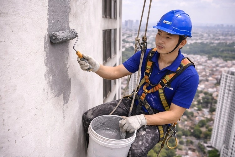 thợ bảo trì sơn chống thấm cho tường ngoài trời nhà cao tầng