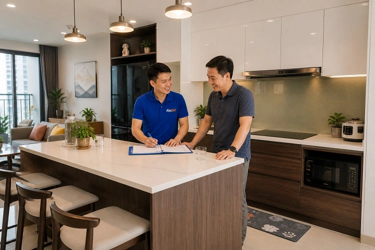 Bàn giao và ký bảo hành cùng thợ alo247