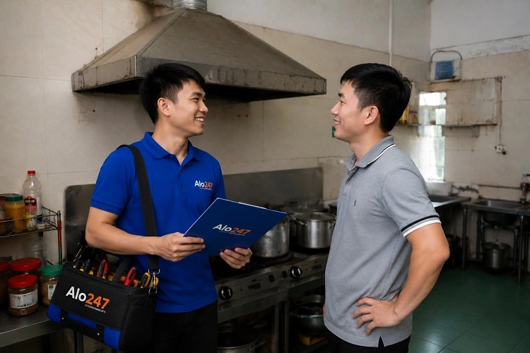 Thợ alo247 bàn giao máy hút mùi công nghiệp trước sau sửa chữa