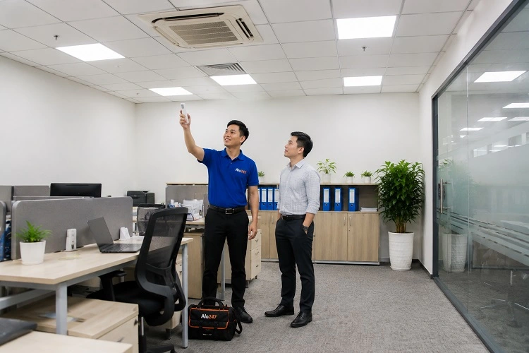 Thợ alo247 bàn giao sau khi sửa điều hoà tại Nghĩa Đô