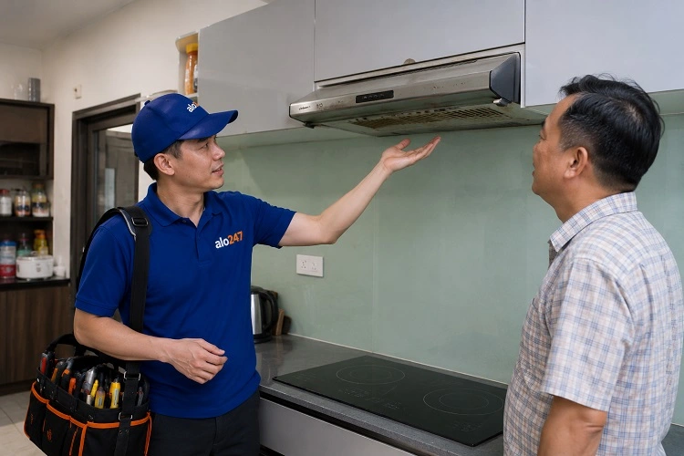 Thợ alo247 bàn giao sau khi sửa máy hút mùi tại Láng