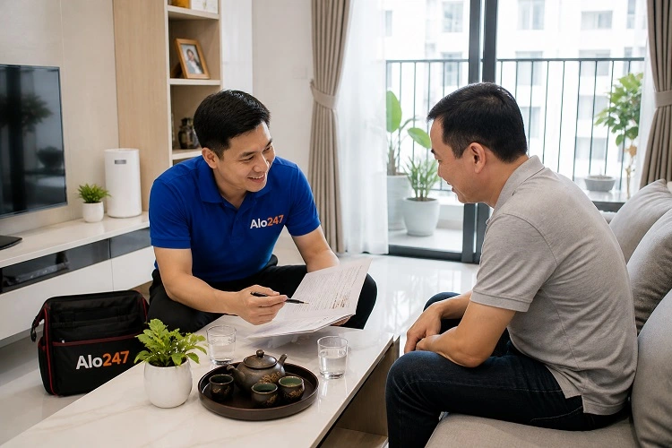 Thợ alo247 bàn giao và ký bảo hành dịch vụ