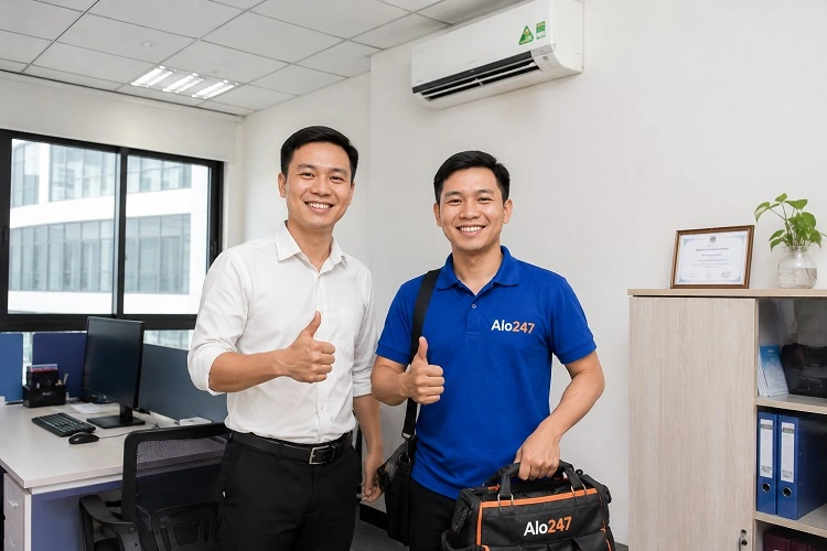 Thợ alo247 bàn giao và ký bảo hành dịch vụ sau khi khắc phục xong lỗi thiết bị