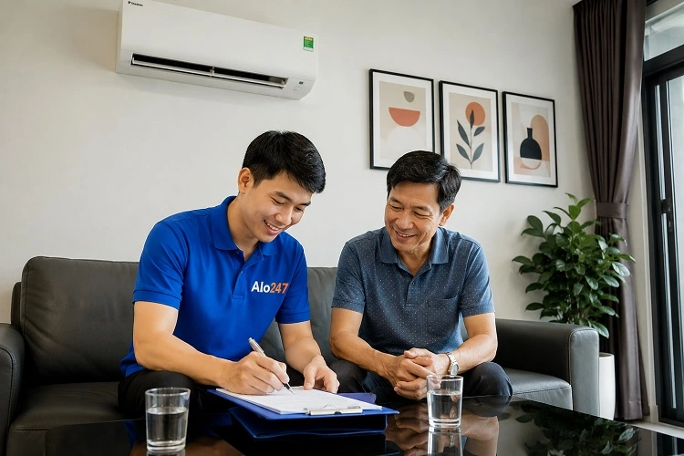 Thợ alo247 bàn giao và ký bảo hành dịch vụ sửa điều hoà tại Bạch Mai