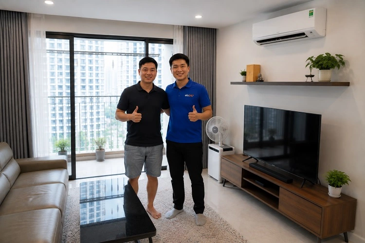 Thợ alo247 bàn giao và ký bảo hành dịch vụ sửa điều hoà tại Việt Hưng