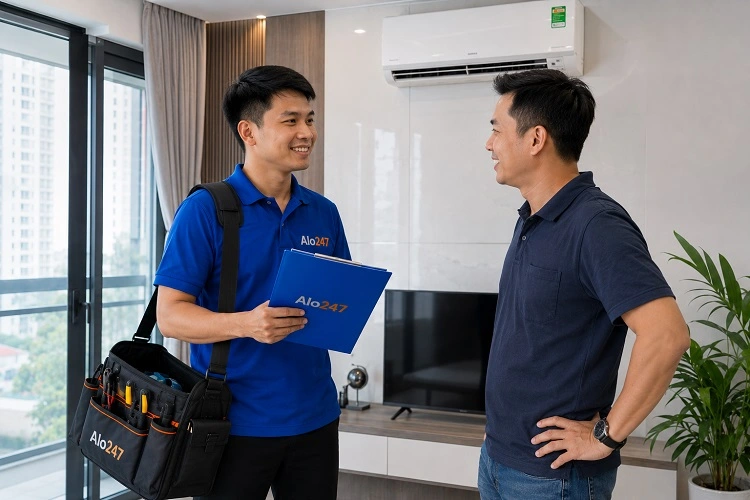 Thợ alo247 bàn giao và trao đổi bảo hành dịch vụ sửa điều hoà tại Phú Thượng