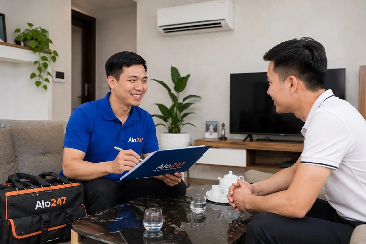 Thợ alo247 bàn giao và trao đổi thông tin bảo hành của dịch vụ
