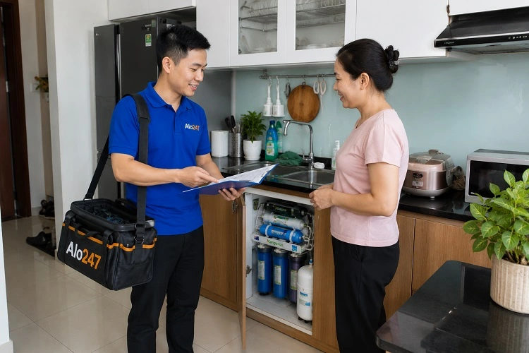 Thợ alo247 bàn giao và trao đổi thông tin bảo hành
