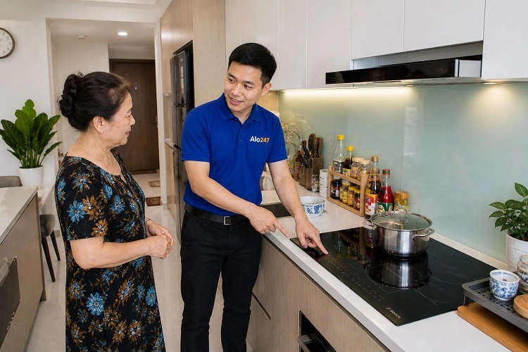 Thợ alo247 kiểm tra bếp từ Bosch trước khi sửa chữa