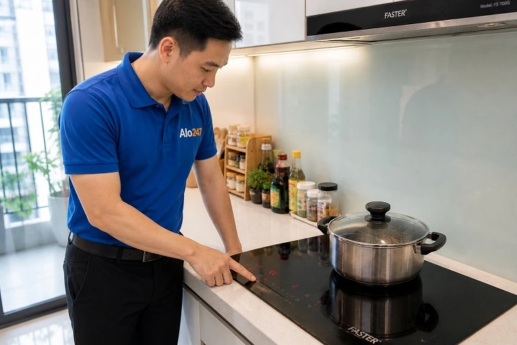 Thợ alo247 kiểm tra bếp từ Faster trước khi sửa chữa