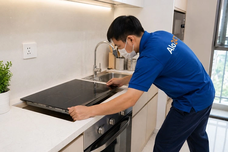 Thợ alo247 kiểm tra bếp từ Hafele trước khi sửa chữa